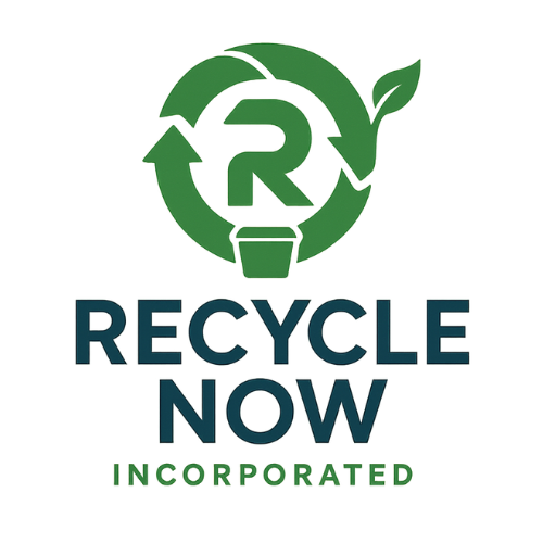 Green recycling logo with arrows and leaf, "Recycle Now Incorporated" text