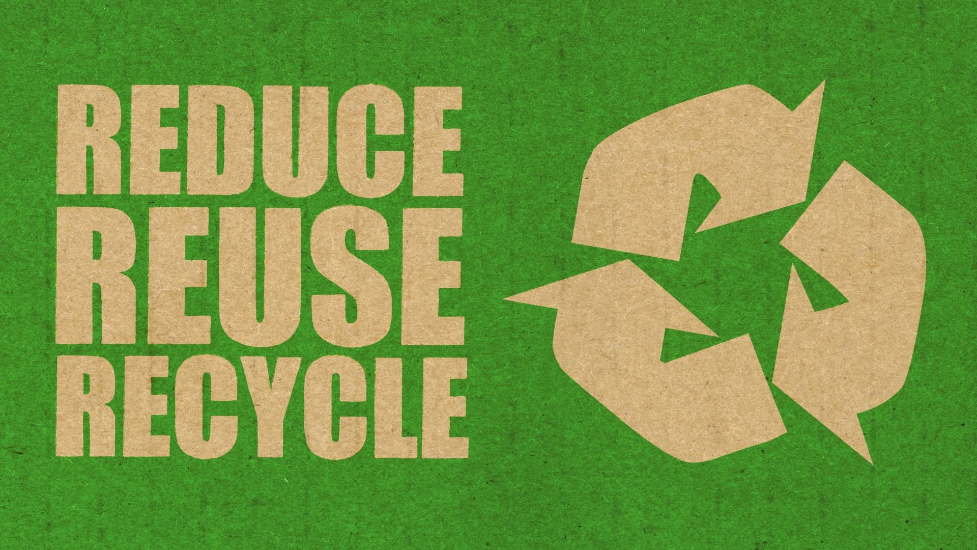 Reduce, reuse, recycle message with recycling symbol on green background